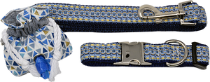 Blue & Gold Jacquard Leash, Collar & Poo Bag Dispenser Set